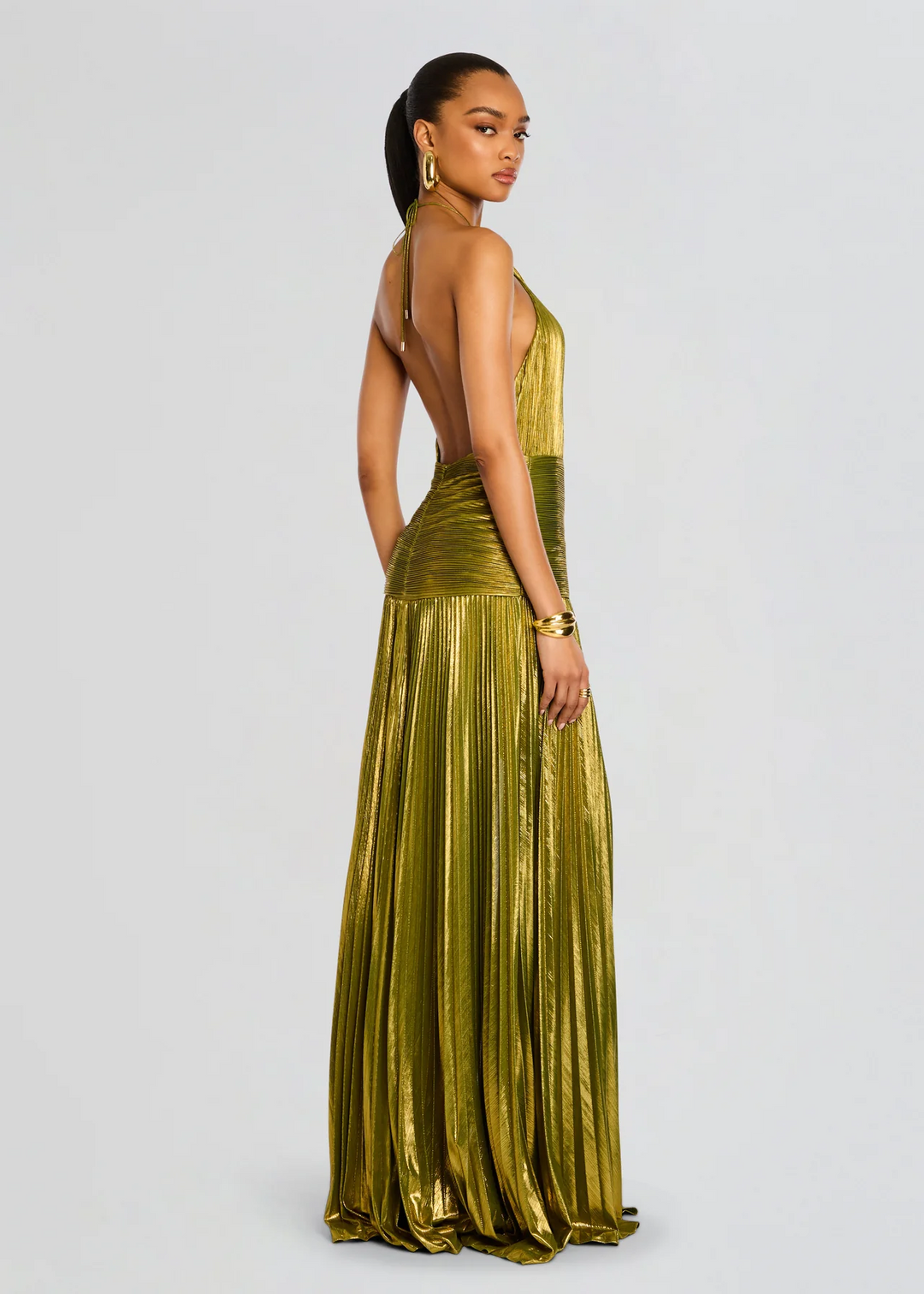 Aurelia | Halter Neck Metallic Pleated High Slit Maxi Fall Wedding Guest Dress
