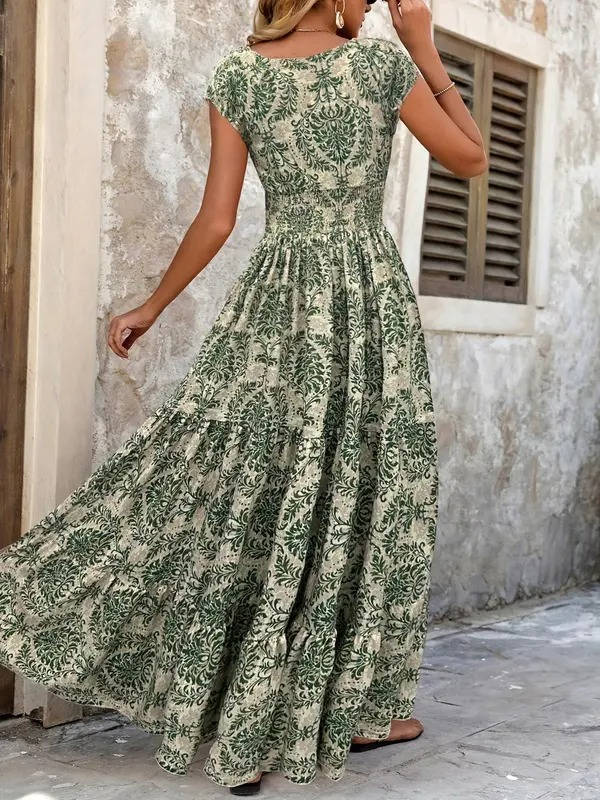Florienne | Damask Print Smocked V-Neck Tiered Boho Dress
