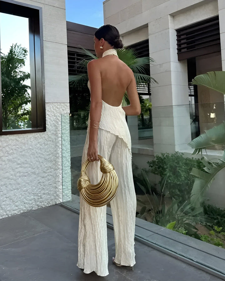 Jacinda | Pleated Wide Leg Halter Neck Jumpsuit