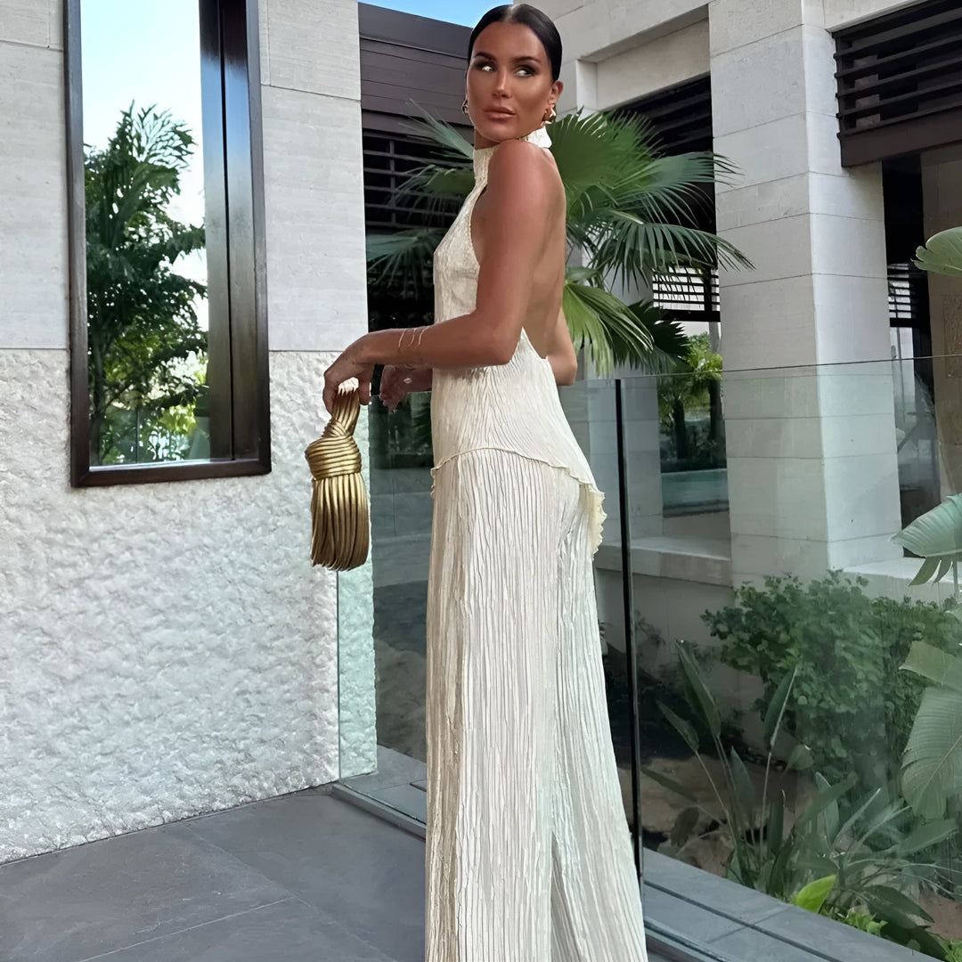 Jacinda | Pleated Wide Leg Halter Neck Jumpsuit