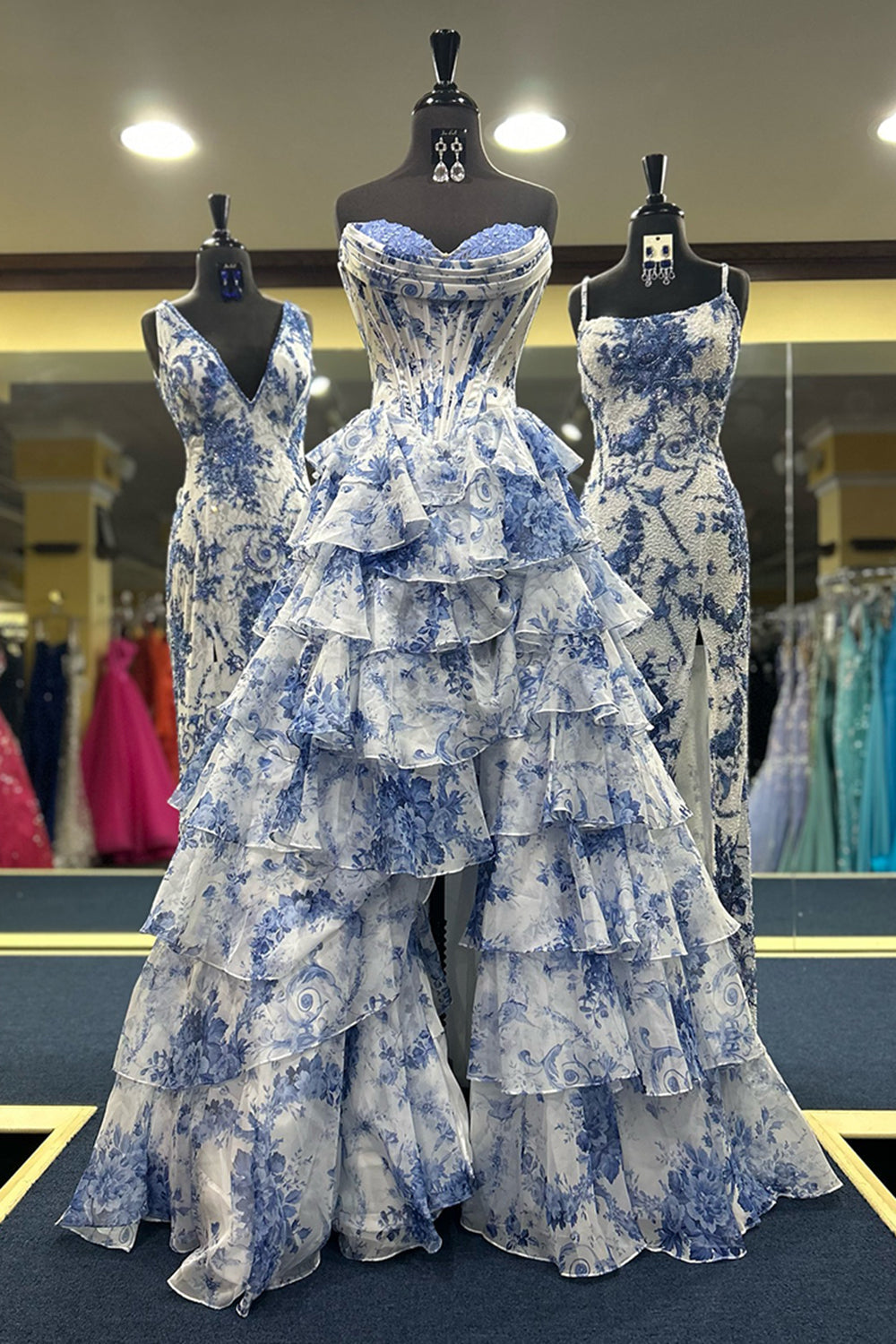 Flora | Floral Tiered Ruffle Corset Maxi – Wedding Guest Dresses