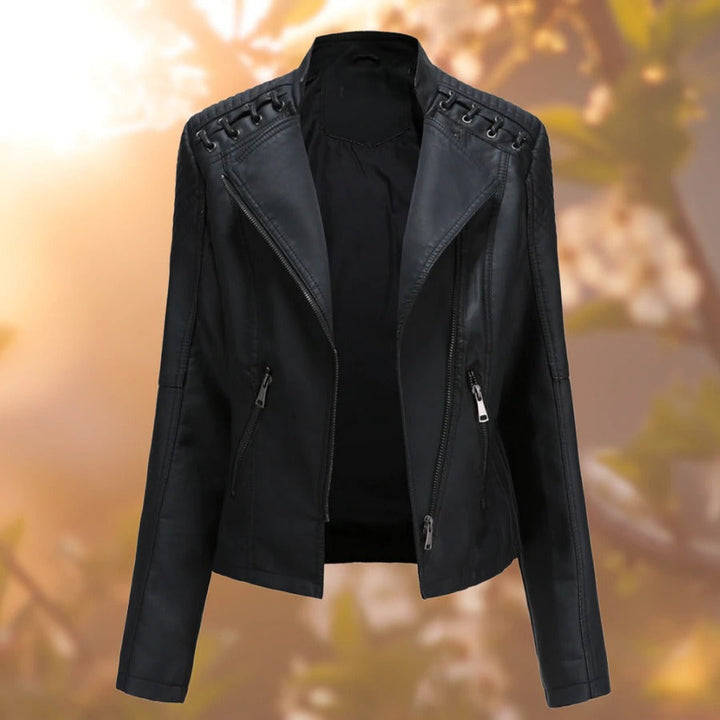 Vesna | Lace-Detail Moto Leather Jacket with Stand Collar