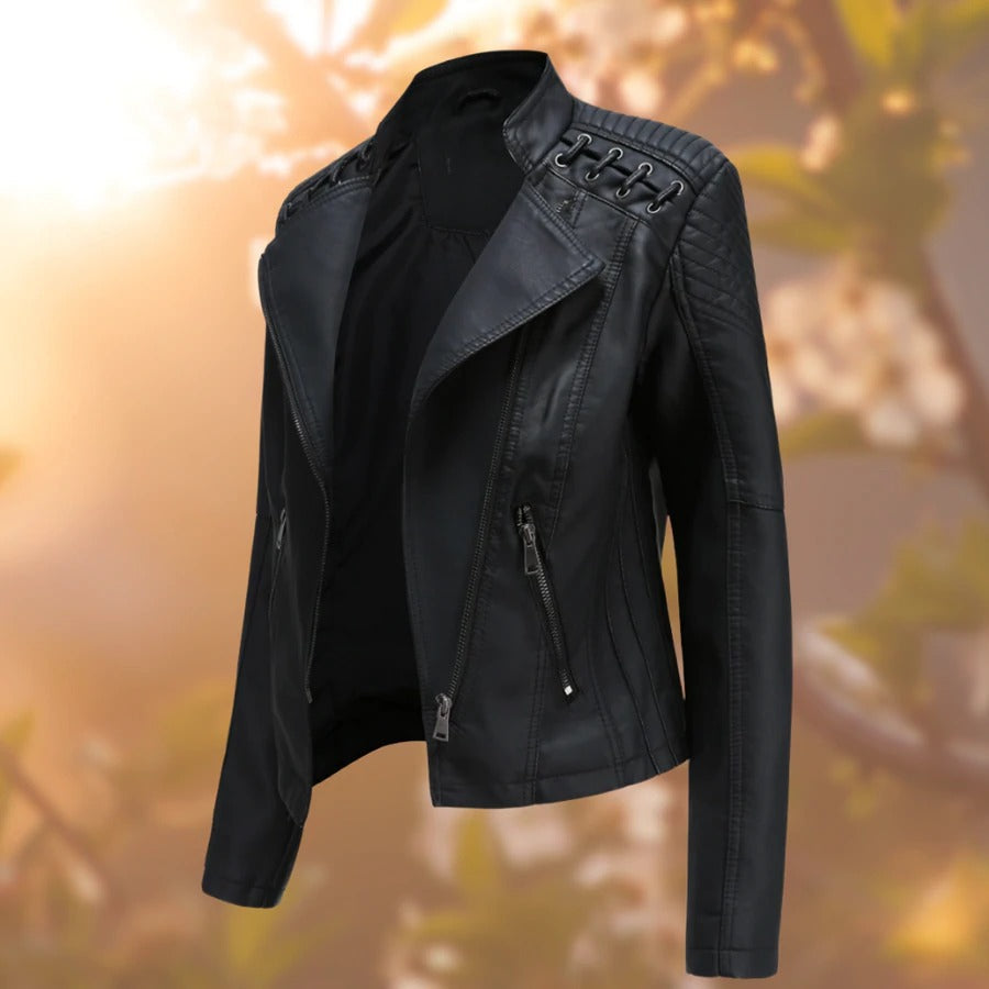 Vesna | Lace-Detail Moto Leather Jacket with Stand Collar