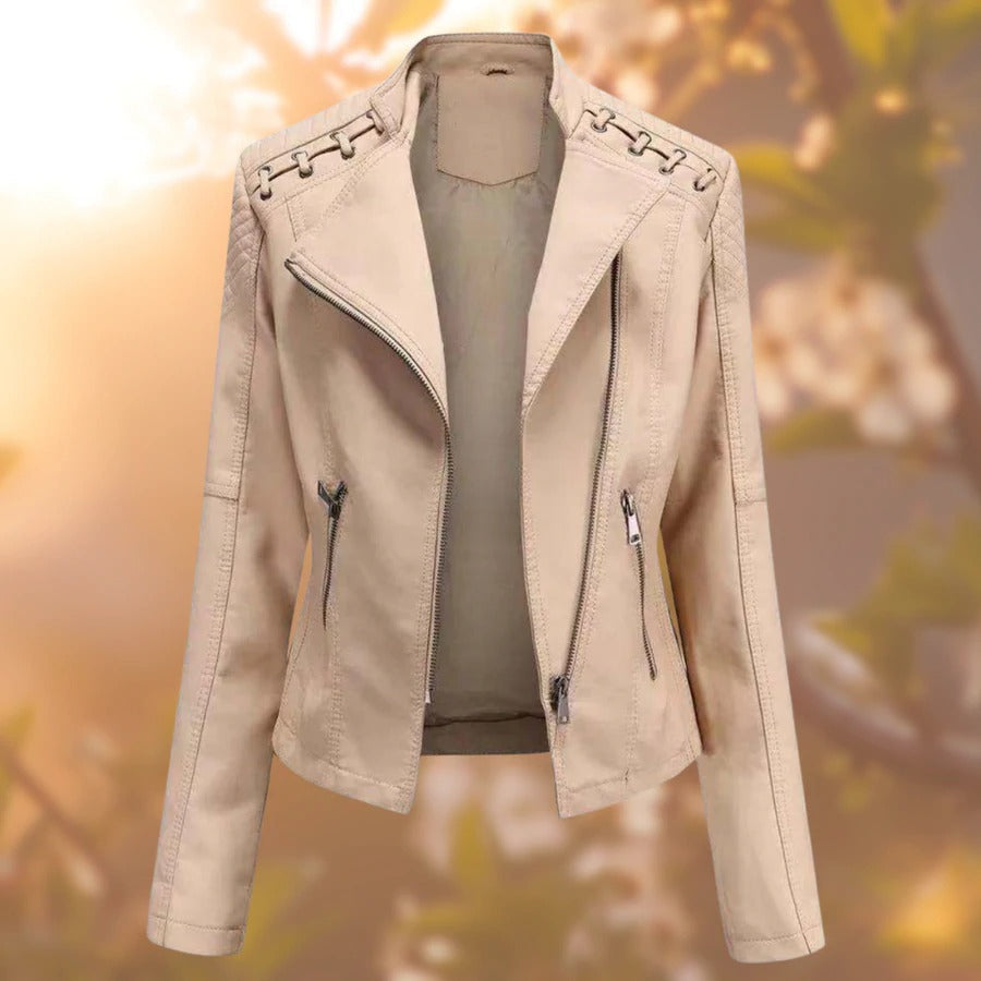 Vesna | Lace-Detail Moto Leather Jacket with Stand Collar