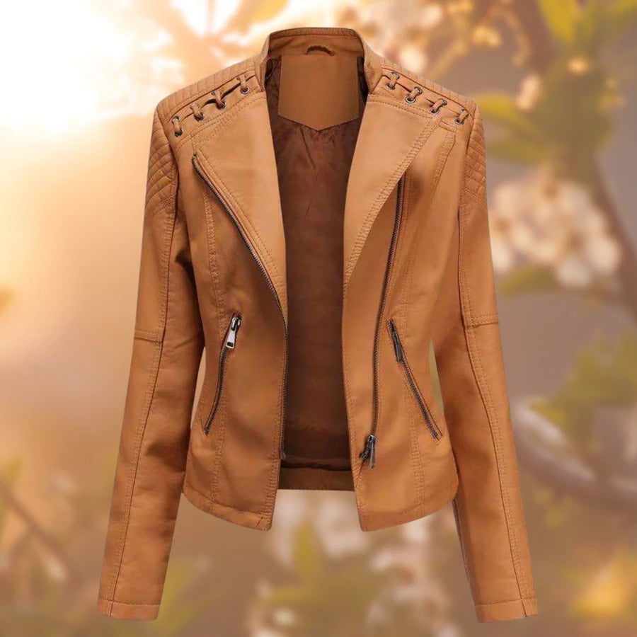 Vesna | Lace-Detail Moto Leather Jacket with Stand Collar