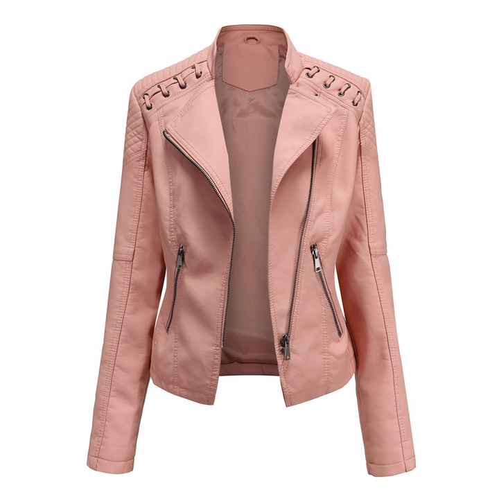 Vesna | Lace-Detail Moto Leather Jacket with Stand Collar