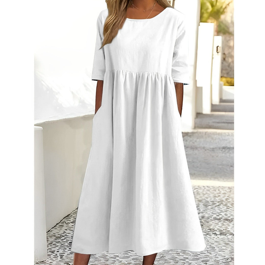 Caldera | Gathered Empire Linen Midi Summer Dress