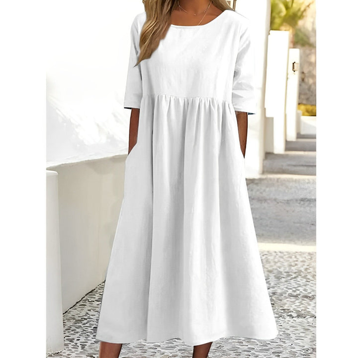 Caldera | Gathered Empire Linen Midi Summer Dress