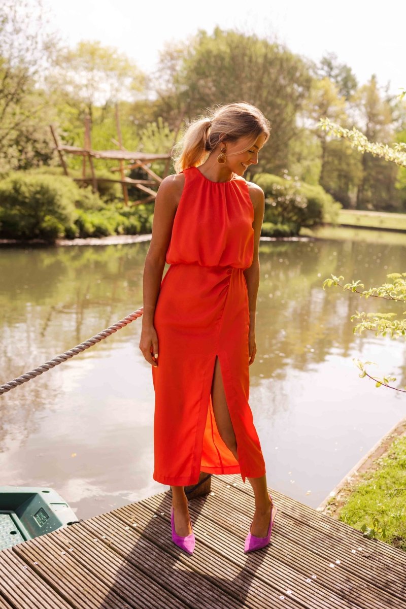 Soleil | Women's Halter Neck Midi Slip Dress with Split