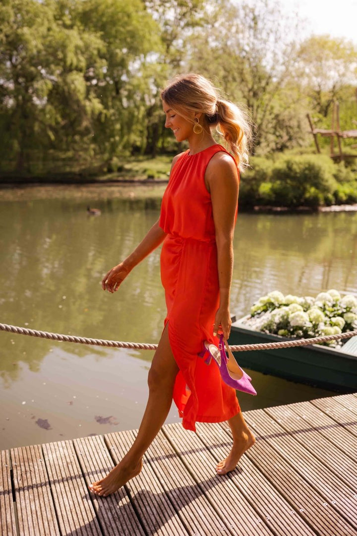 Soleil | Women's Halter Neck Midi Slip Dress with Split