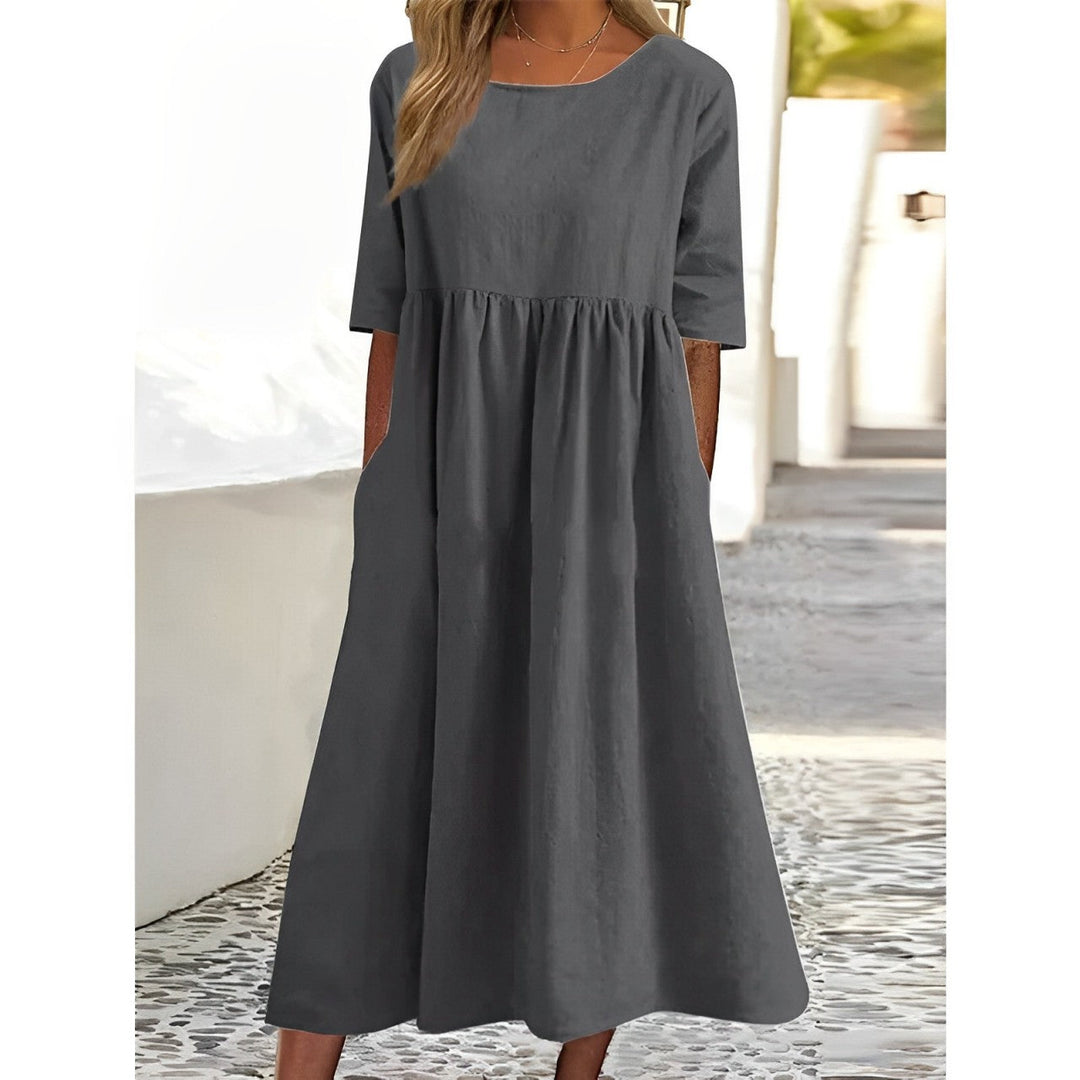 Caldera | Gathered Empire Linen Midi Summer Dress