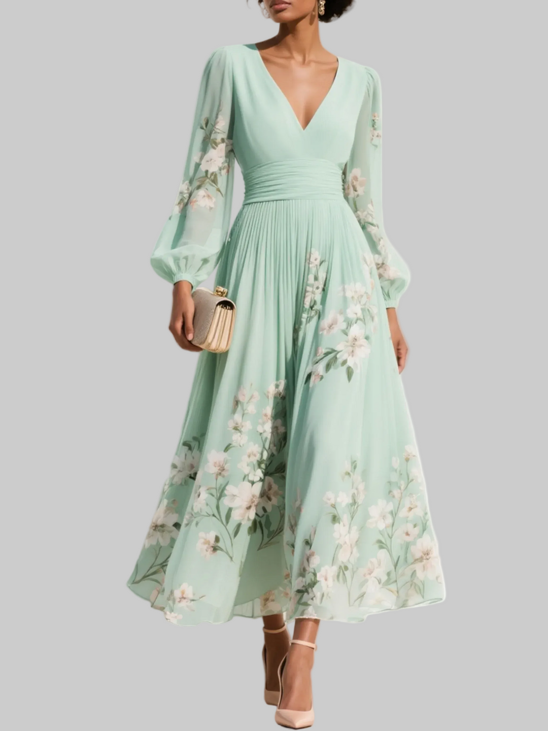 Calliope | Floral V-Neck Womens Pleated Midi Dress with Balloon Sleeves
