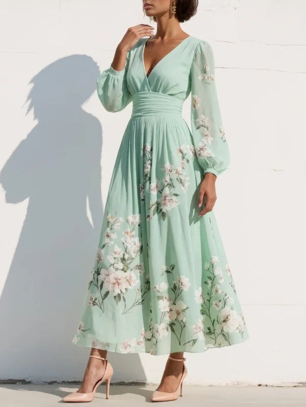 Calliope | Floral V-Neck Womens Pleated Midi Dress with Balloon Sleeves