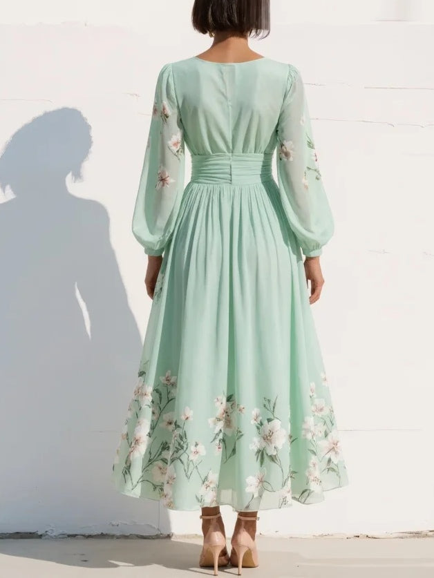 Calliope | Floral V-Neck Womens Pleated Midi Dress with Balloon Sleeves