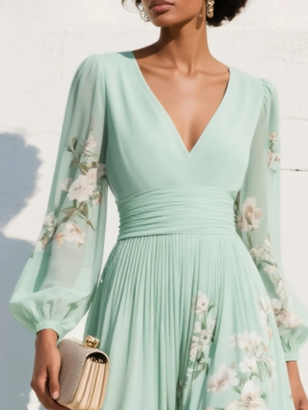 Calliope | Floral V-Neck Womens Pleated Midi Dress with Balloon Sleeves