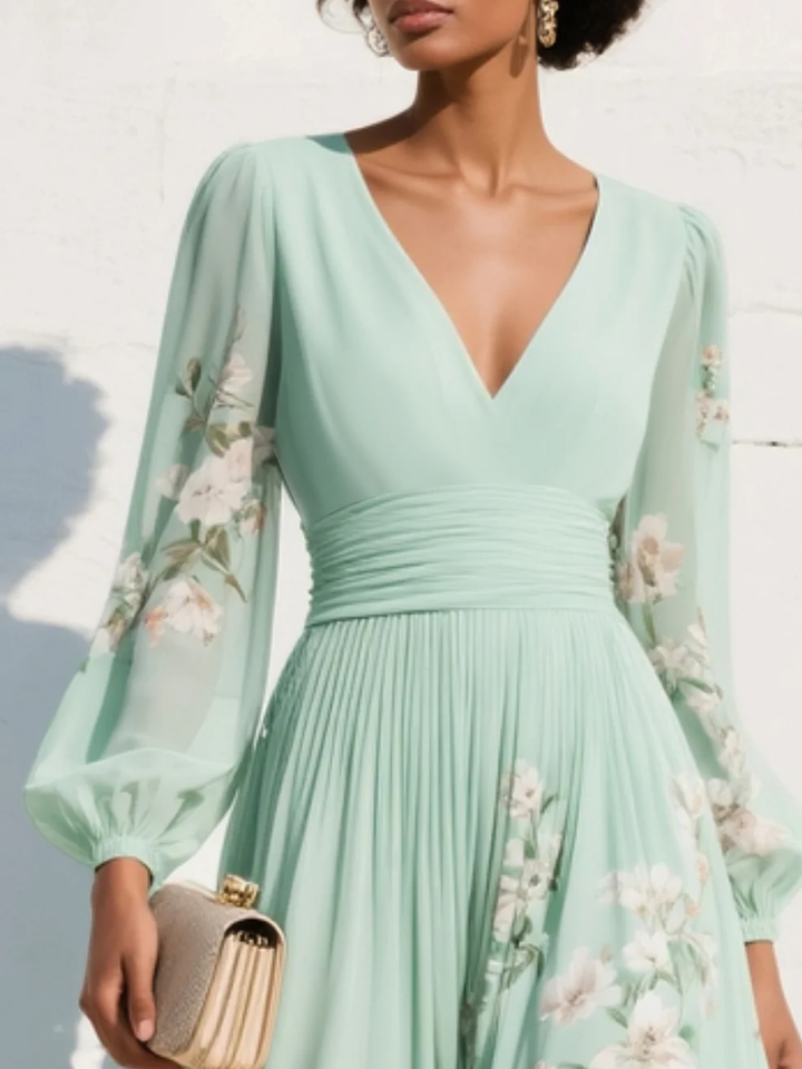 Calliope | Floral V-Neck Womens Pleated Midi Dress with Balloon Sleeves