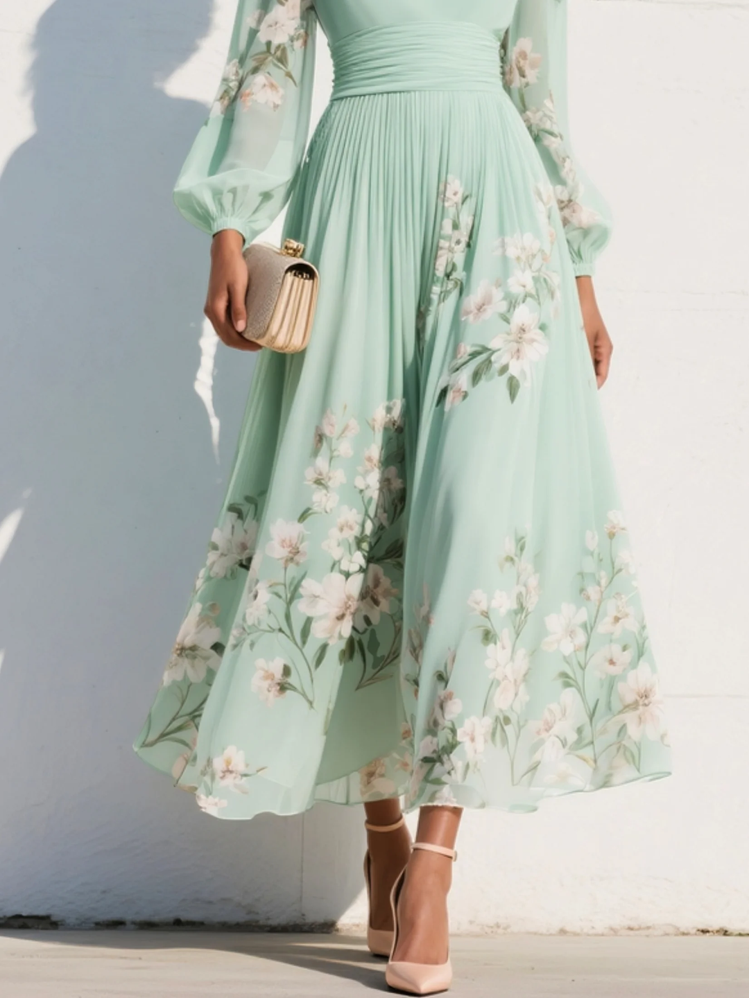 Calliope | Floral V-Neck Womens Pleated Midi Dress with Balloon Sleeves