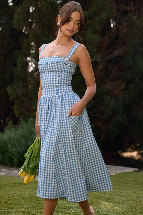 Vivien | Gingham Bustier Womens Pleated Midi Dress with Pockets