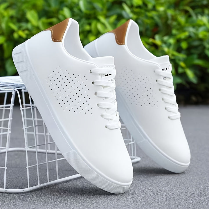 Lawton | Perforated Leather Tan Collar Lace-Up White Sneakers Mens Shoes