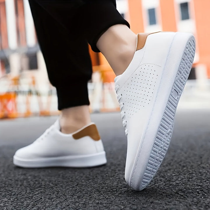 Lawton | Perforated Leather Tan Collar Lace-Up White Sneakers Mens Shoes