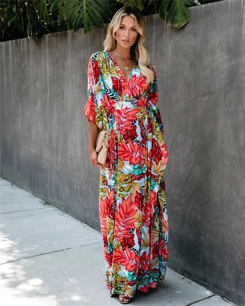 Tropicelle | Tropical Leaf Print Kimono Sleeve Boho Dress