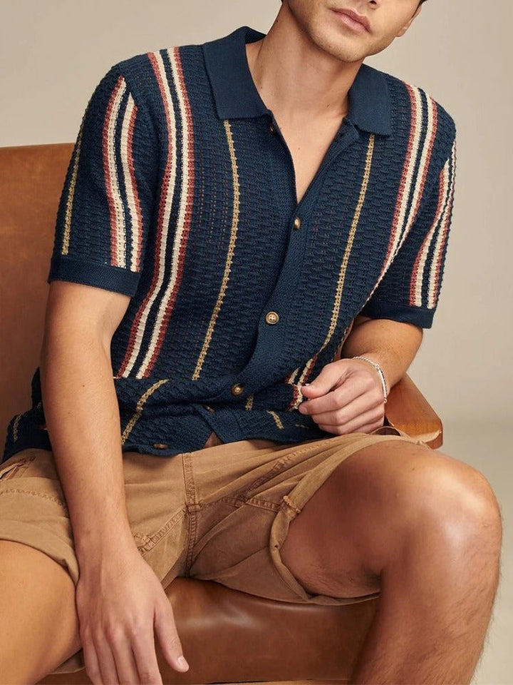 Havana | Striped Crochet Knit Shirt – Men's Short Sleeve Button Up