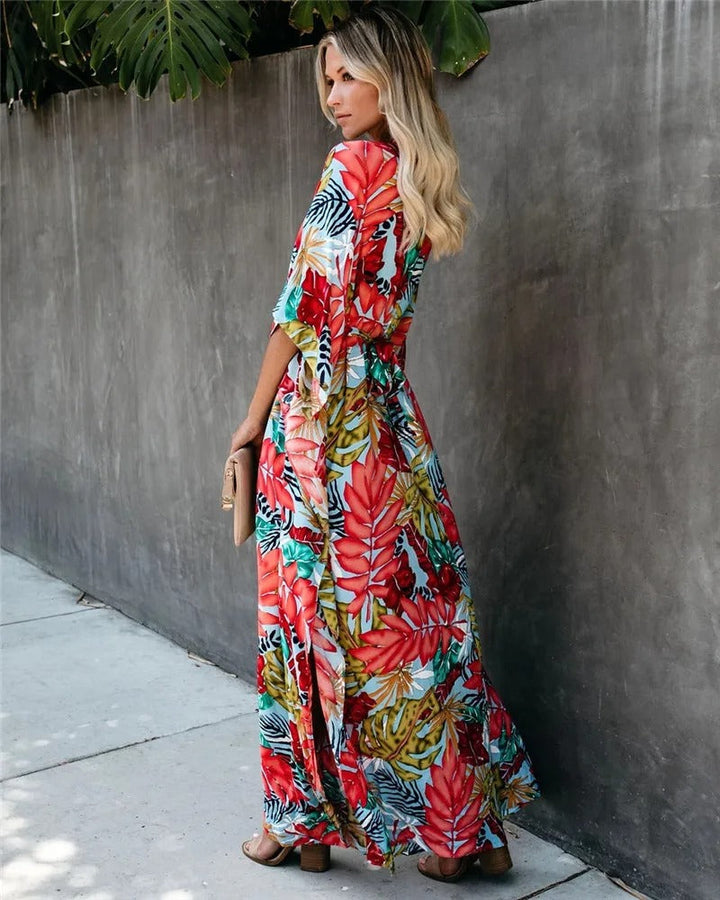 Tropicelle | Tropical Leaf Print Kimono Sleeve Boho Dress