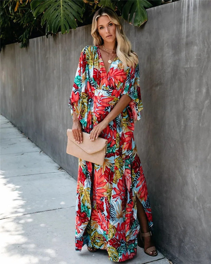 Tropicelle | Tropical Leaf Print Kimono Sleeve Boho Dress