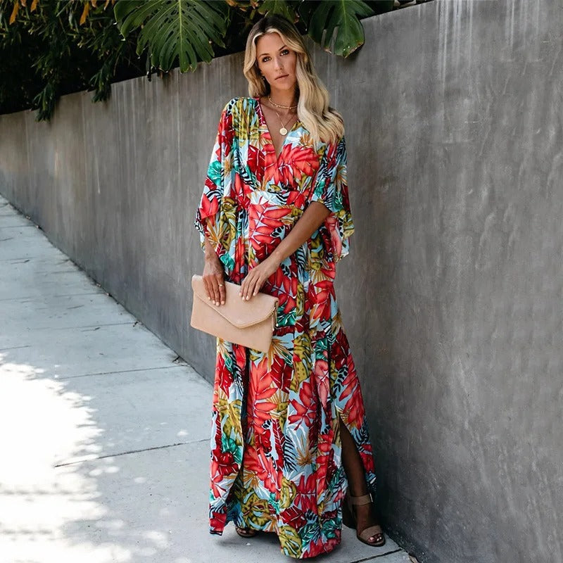 Tropicelle | Tropical Leaf Print Kimono Sleeve Boho Dress