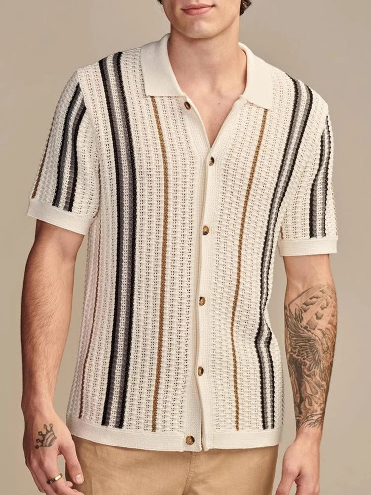 Havana | Striped Crochet Knit Shirt – Men's Short Sleeve Button Up