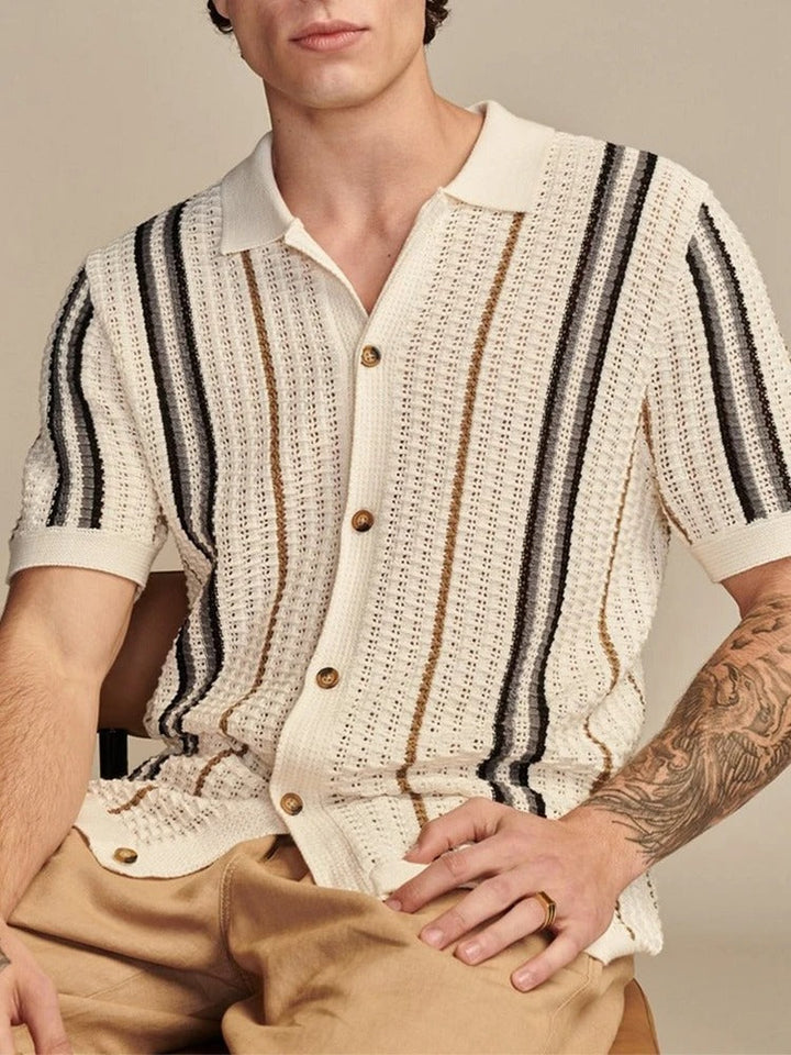 Havana | Striped Crochet Knit Shirt – Men's Short Sleeve Button Up