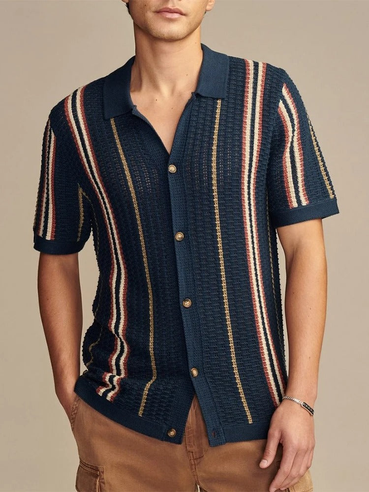 Havana | Striped Crochet Knit Shirt – Men's Short Sleeve Button Up