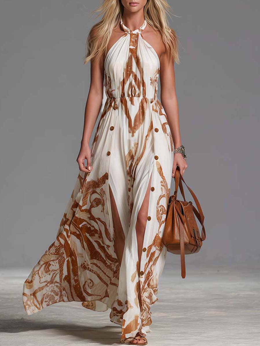 Marcella | Baroque Print Button Split Halter Neck Wedding Guest Dress