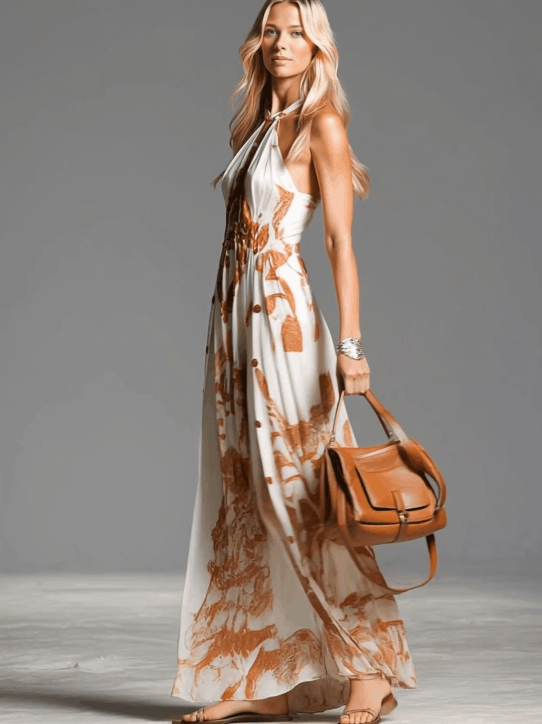 Marcella | Baroque Print Button Split Halter Neck Wedding Guest Dress