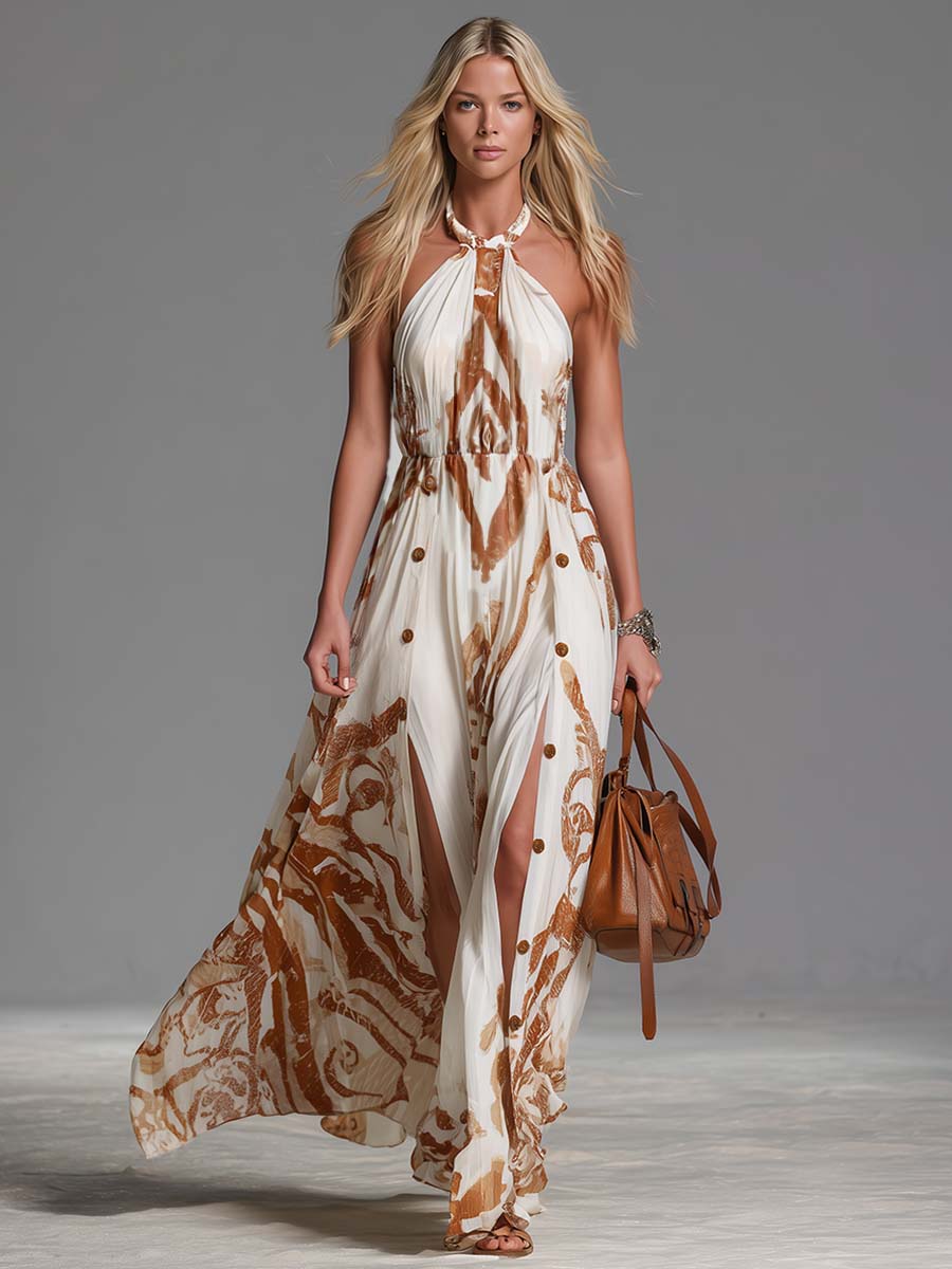 Marcella | Baroque Print Button Split Halter Neck Wedding Guest Dress