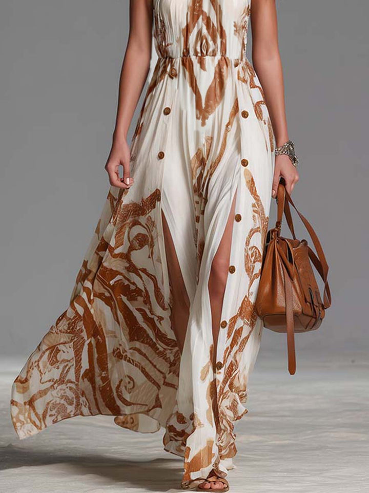 Marcella | Baroque Print Button Split Halter Neck Wedding Guest Dress
