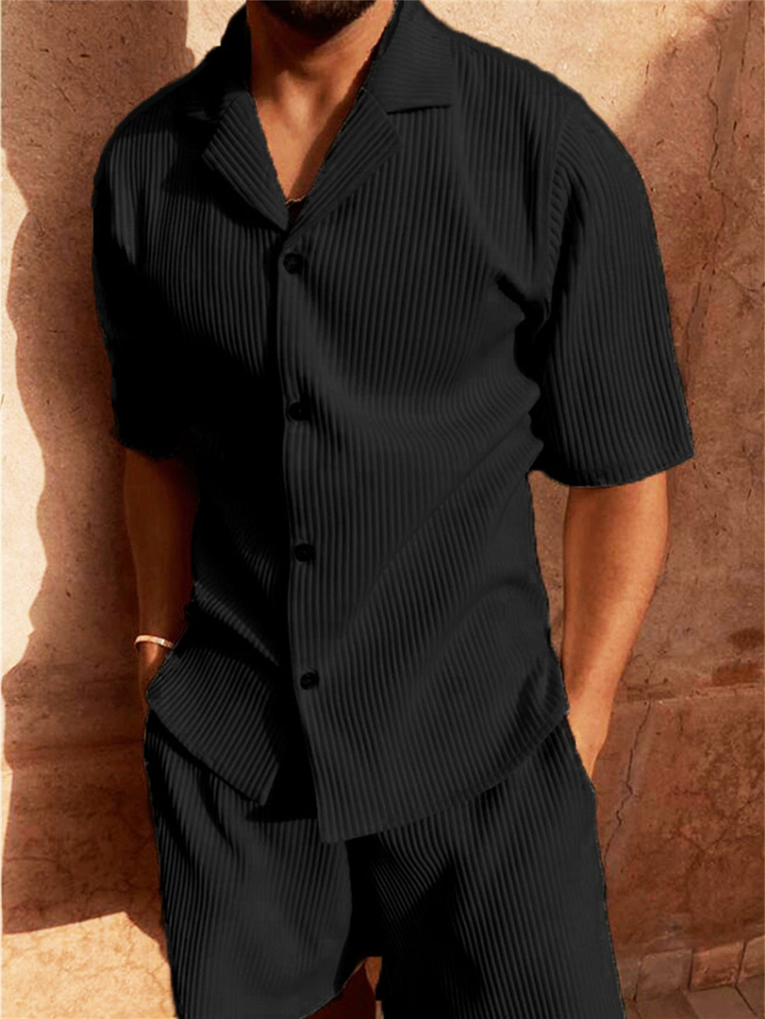 Palazzo | Ribbed Texture Button Front Shirt and Mens Shorts Set