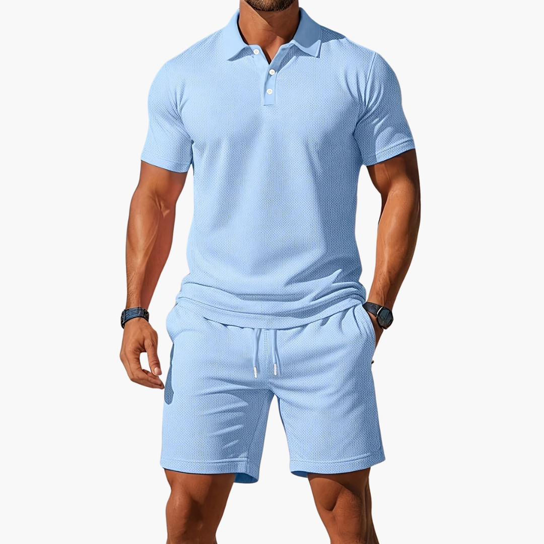 Rivero | Waffle Texture Polo and Drawstring Mens Shorts Set