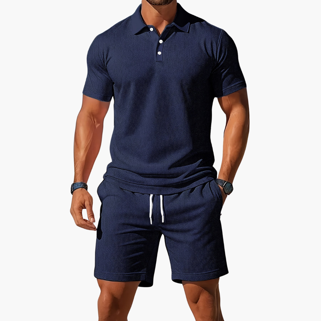 Rivero | Waffle Texture Polo and Drawstring Mens Shorts Set