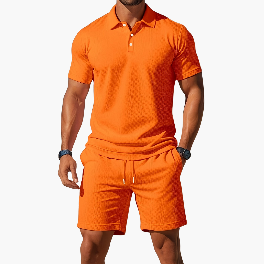 Rivero | Waffle Texture Polo and Drawstring Mens Shorts Set