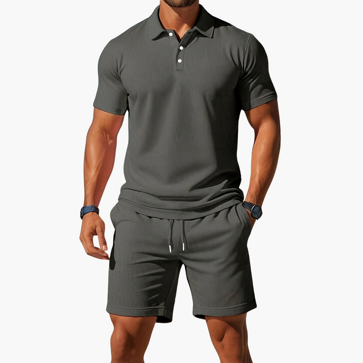 Rivero | Waffle Texture Polo and Drawstring Mens Shorts Set