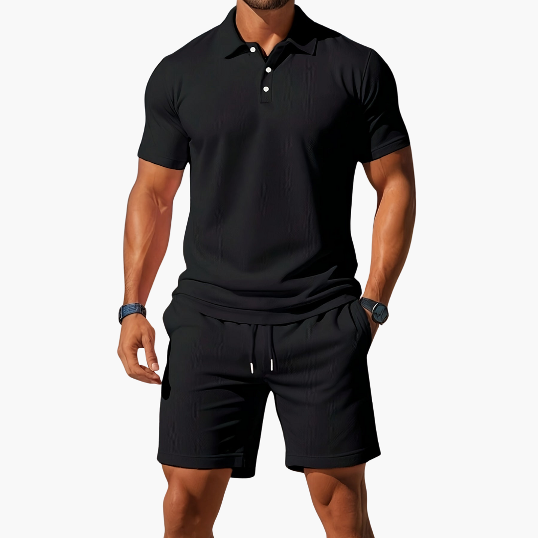 Rivero | Waffle Texture Polo and Drawstring Mens Shorts Set