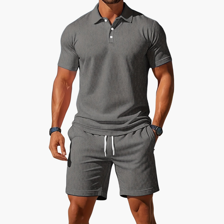 Rivero | Waffle Texture Polo and Drawstring Mens Shorts Set