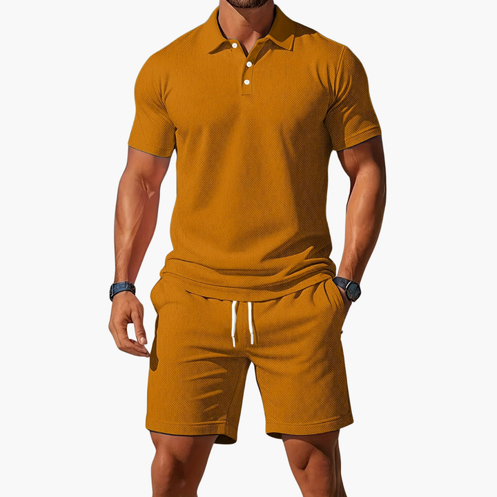 Rivero | Waffle Texture Polo and Drawstring Mens Shorts Set