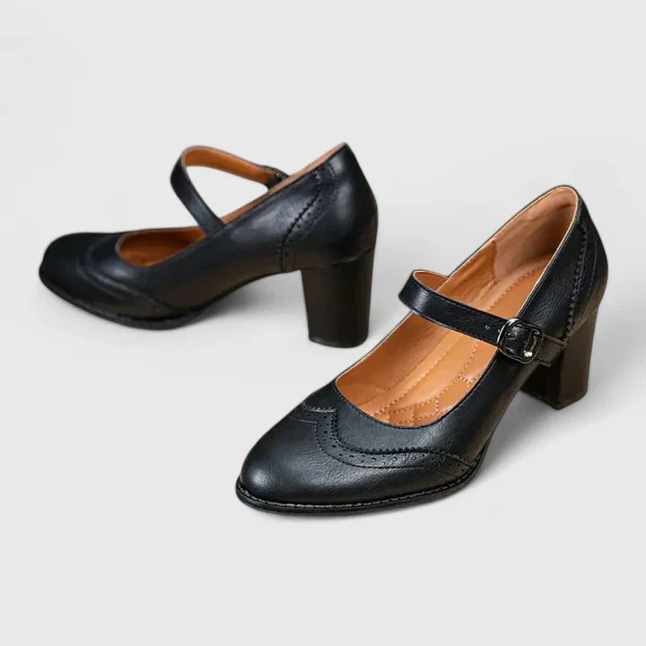 Meredith | Brogue Pointed Toe Block Heel Mary Jane Flats