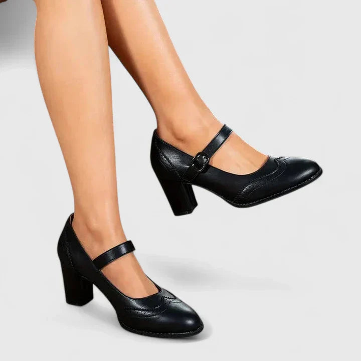 Meredith | Brogue Pointed Toe Block Heel Mary Jane Flats