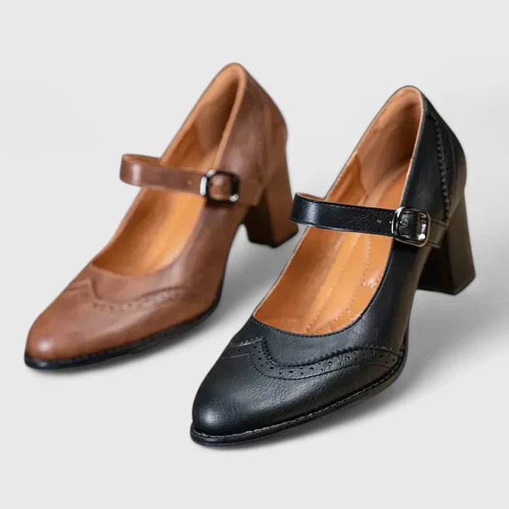 Meredith | Brogue Pointed Toe Block Heel Mary Jane Flats