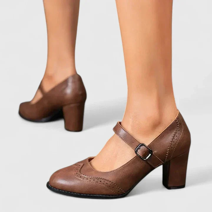 Meredith | Brogue Pointed Toe Block Heel Mary Jane Flats