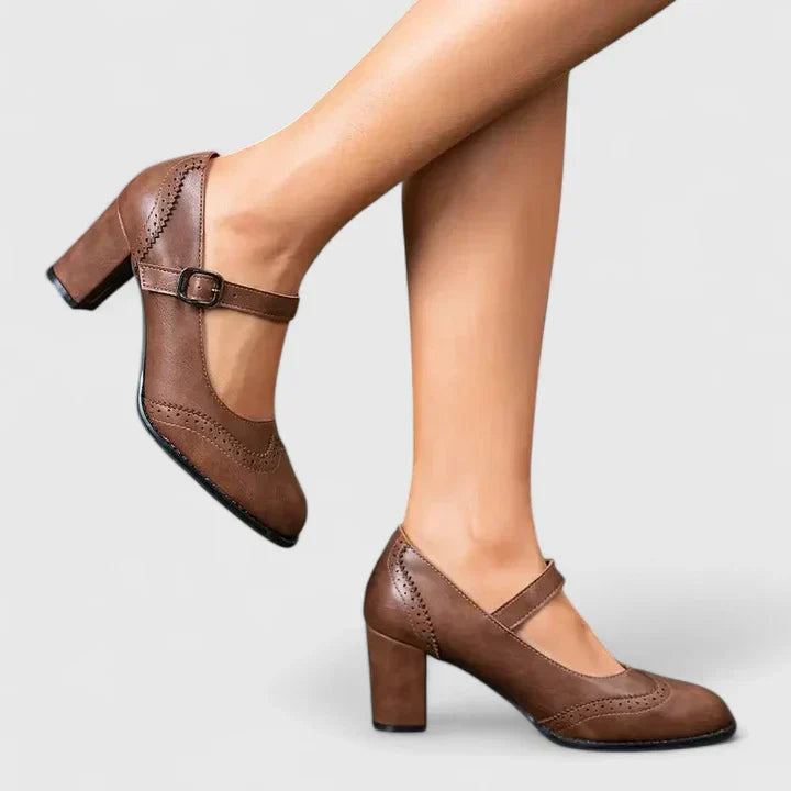 Meredith | Brogue Pointed Toe Block Heel Mary Jane Flats