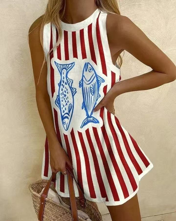 Nautica | Striped Fish Print Sleeveless Mini Summer Dress